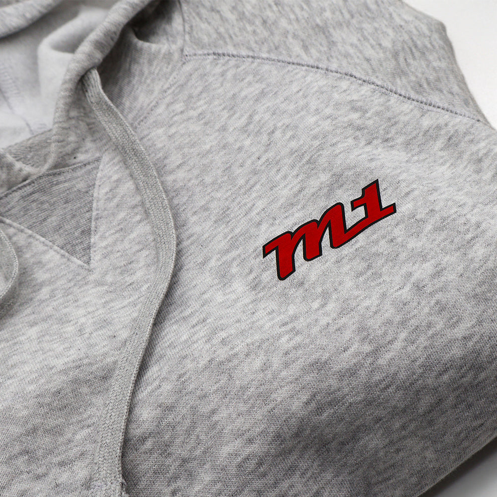 M1 Concourse Gray Hoodie – Red Logo + Sleeve Print