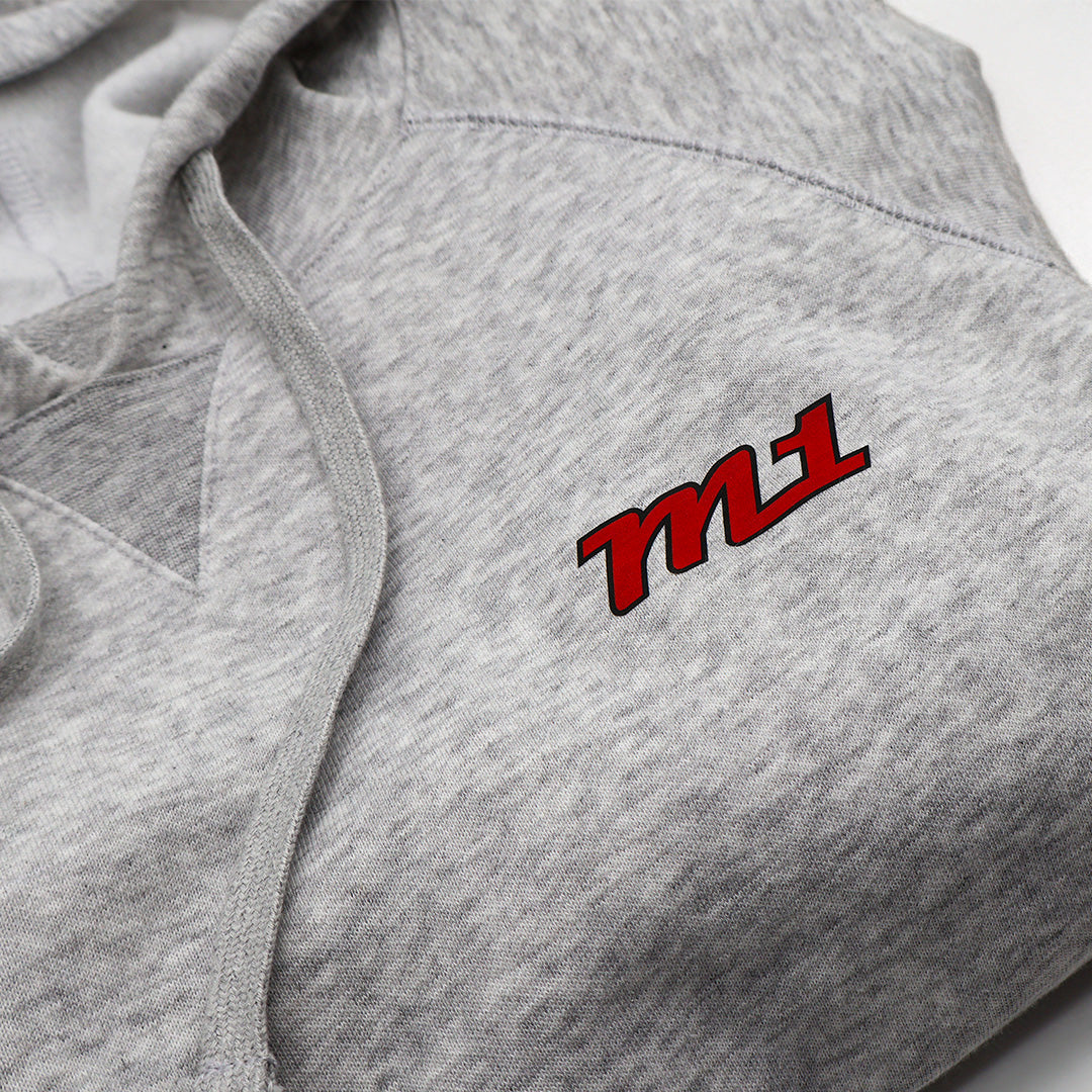 M1 Concourse Gray Hoodie – Red Logo + Sleeve Print