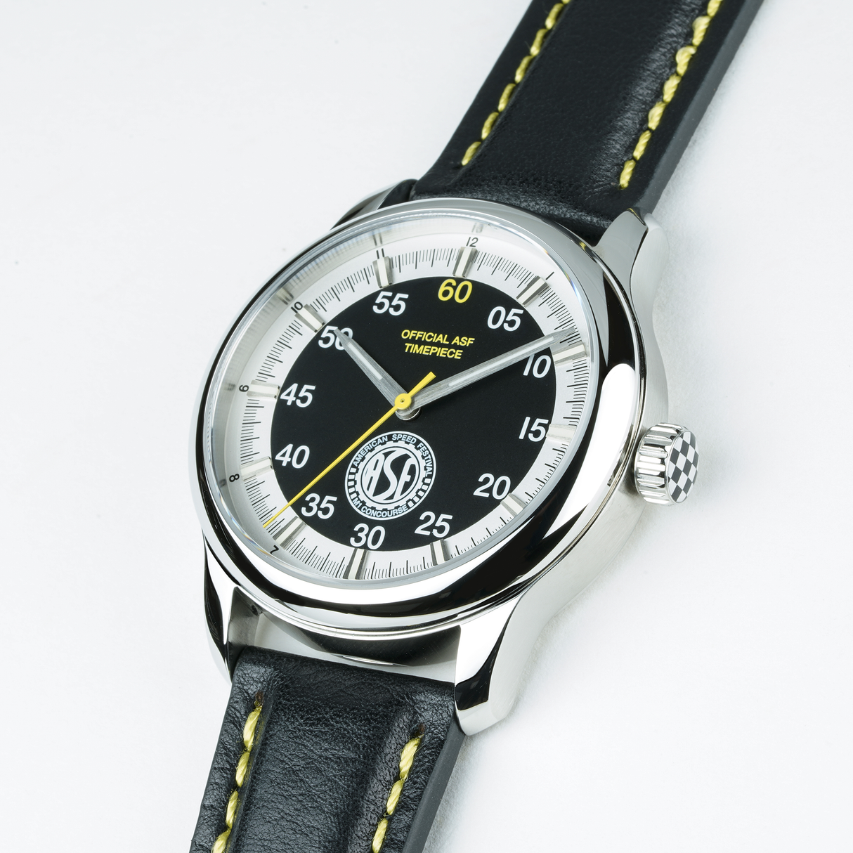 Timepiece - ASF Watch Black Face with Black Leather Strap and Yellow Stitching (Style #5)