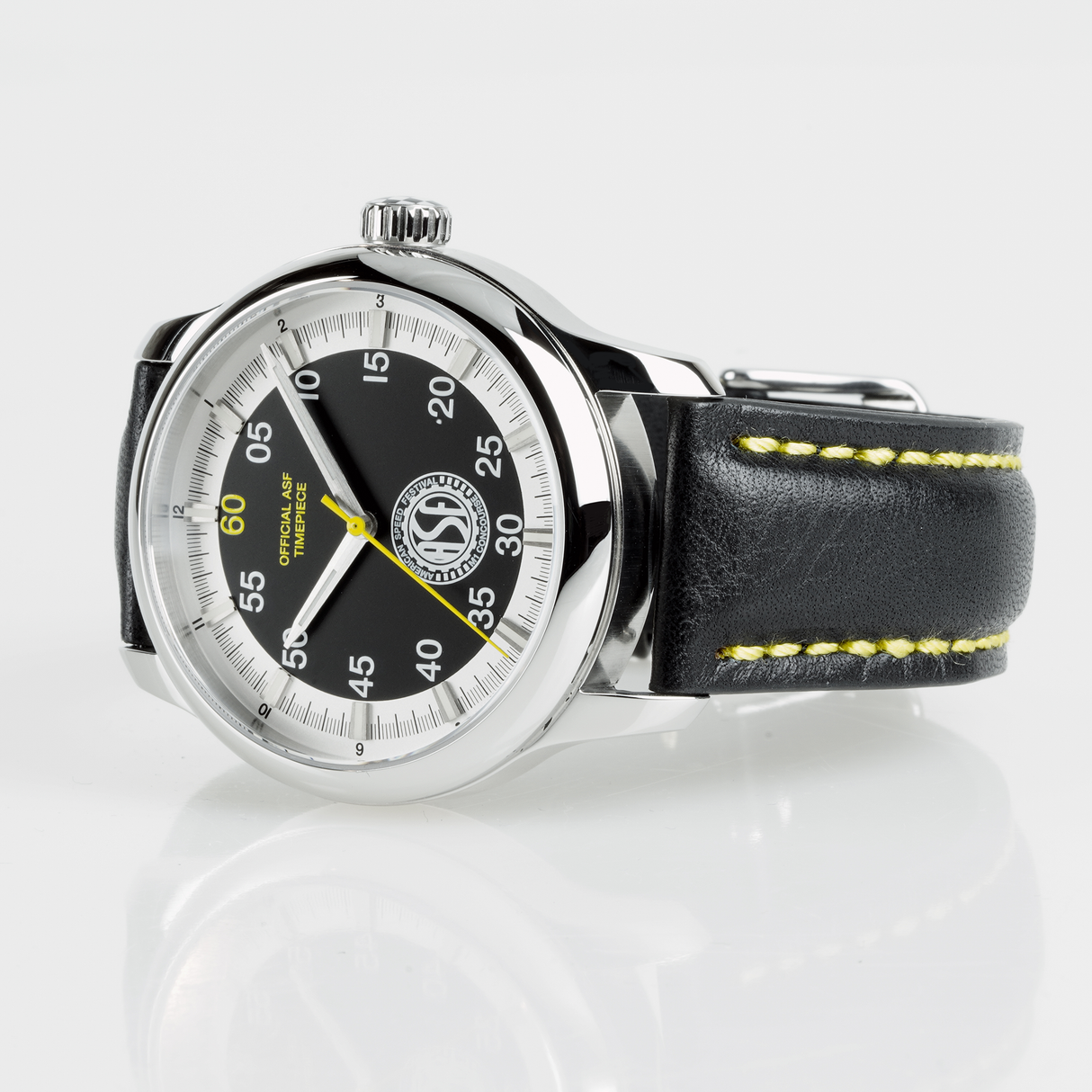 Timepiece - ASF Watch Black Face with Black Leather Strap and Yellow Stitching (Style #5)