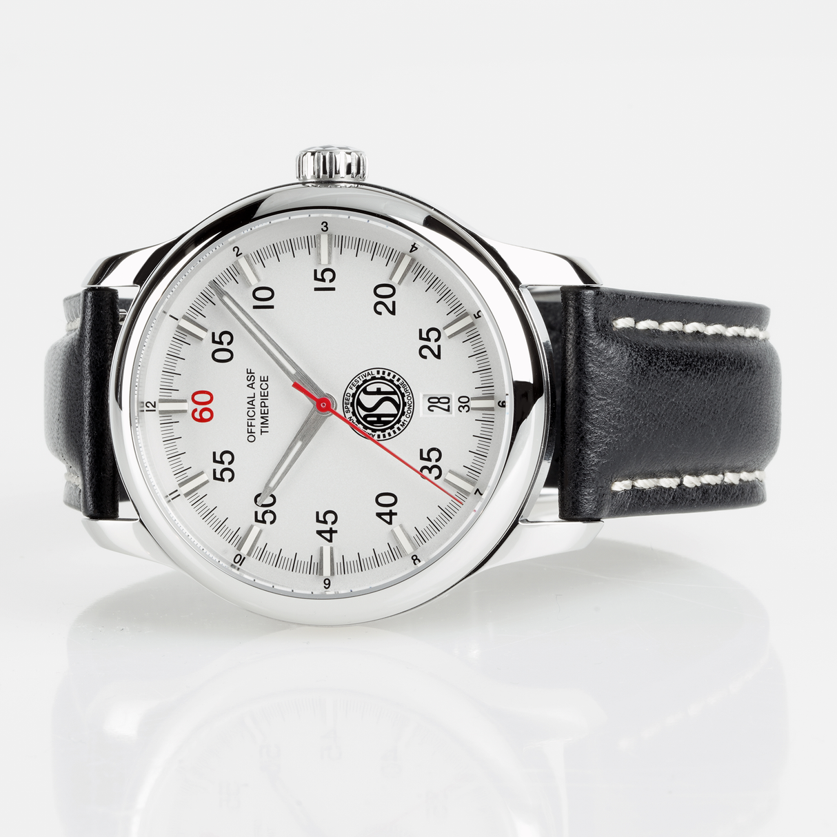 Timepiece - ASF Watch White Face with Black Leather Strap and White Stitching (Style #4)